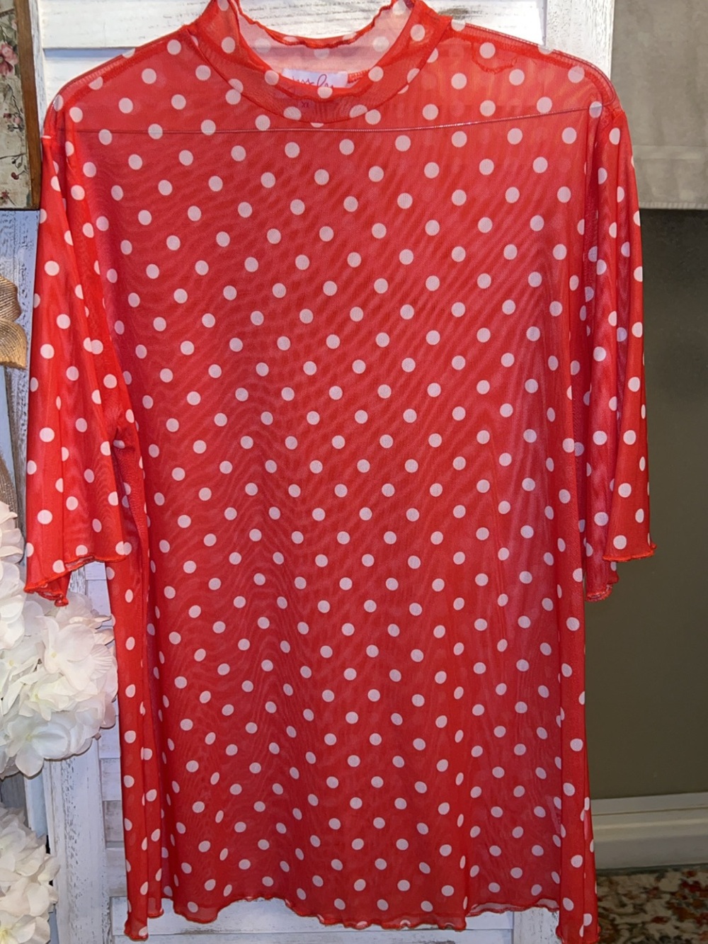 Kora Red Polka Dot Short Sleeve Mesh Top